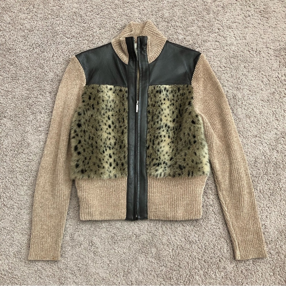 Lisa International Jacket Women Size M Knit Leather Fur Animal Print
